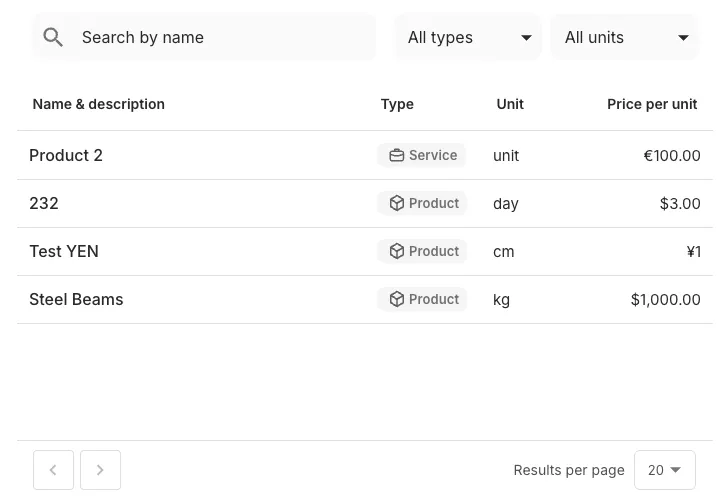 ProductsTable component preview