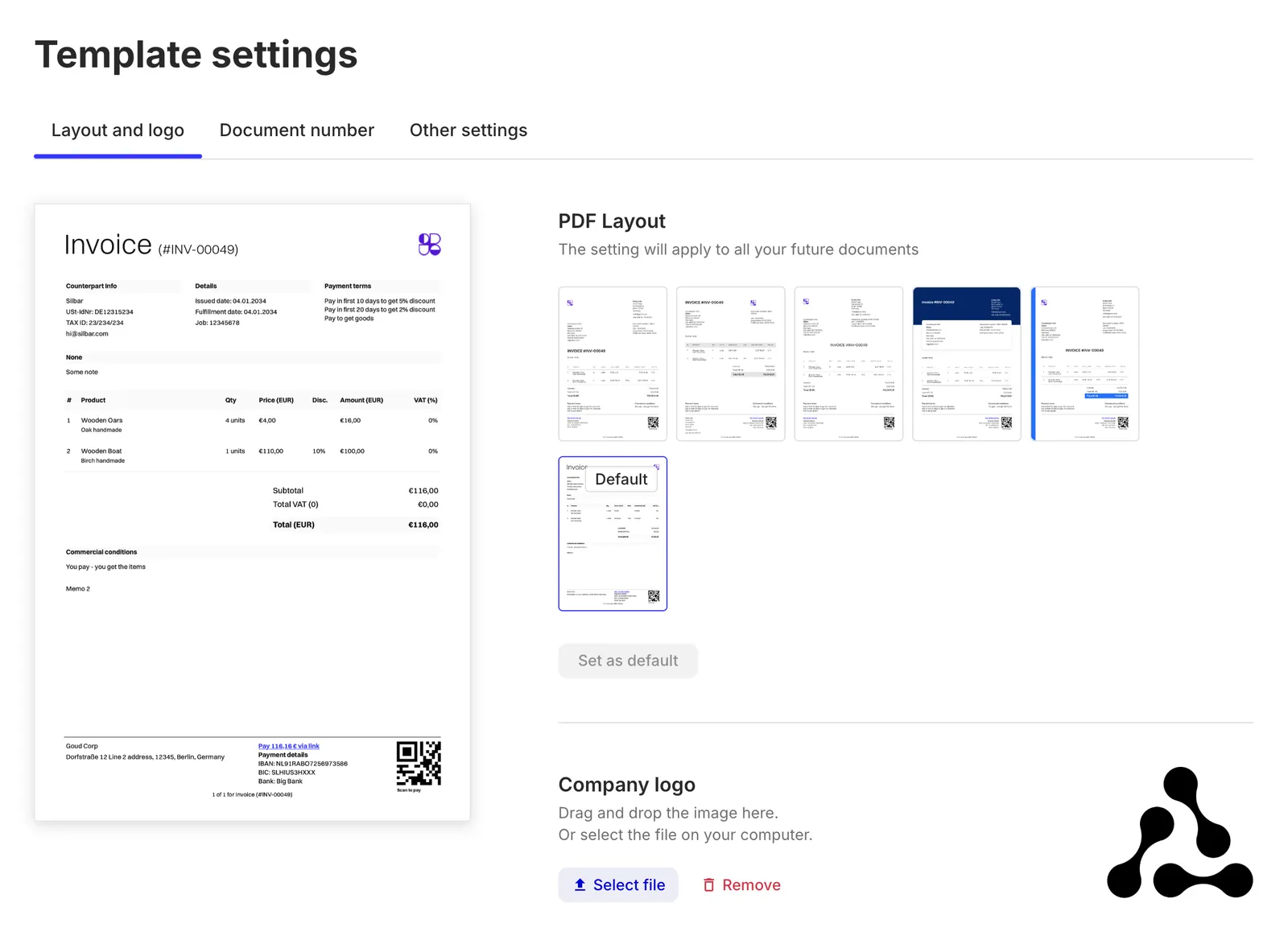 TemplateSettings component: 'Layout and logo' tab