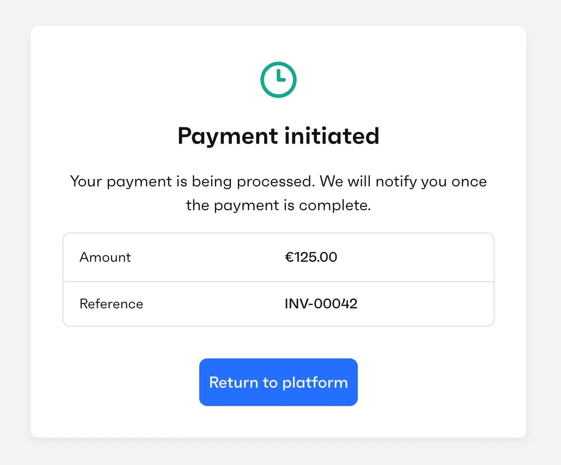 "Payment initiated" screen