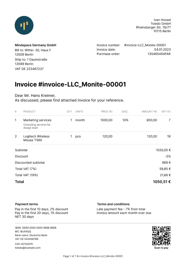 Payment QR code is included at the bottom of an invoice