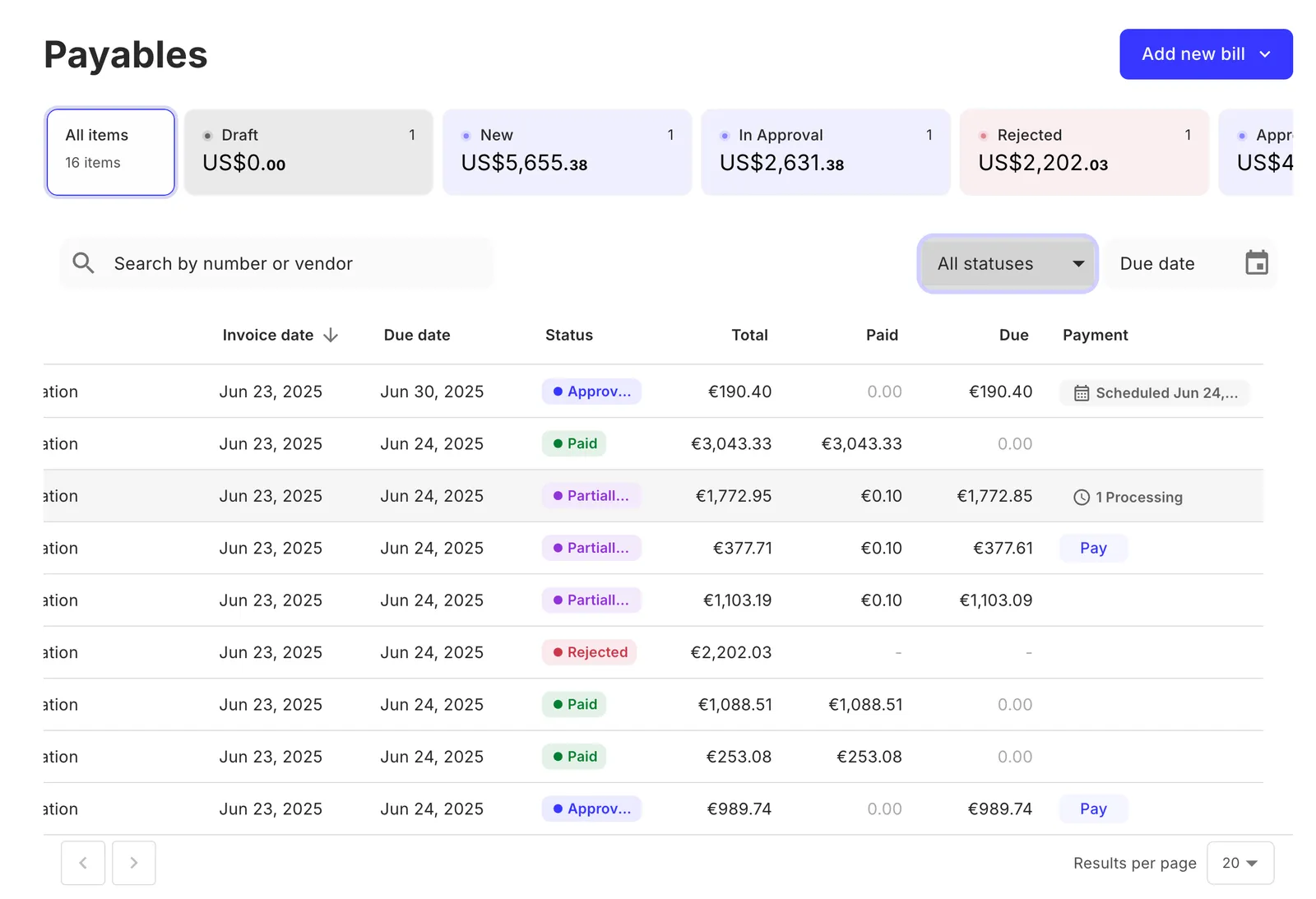 Payables component preview